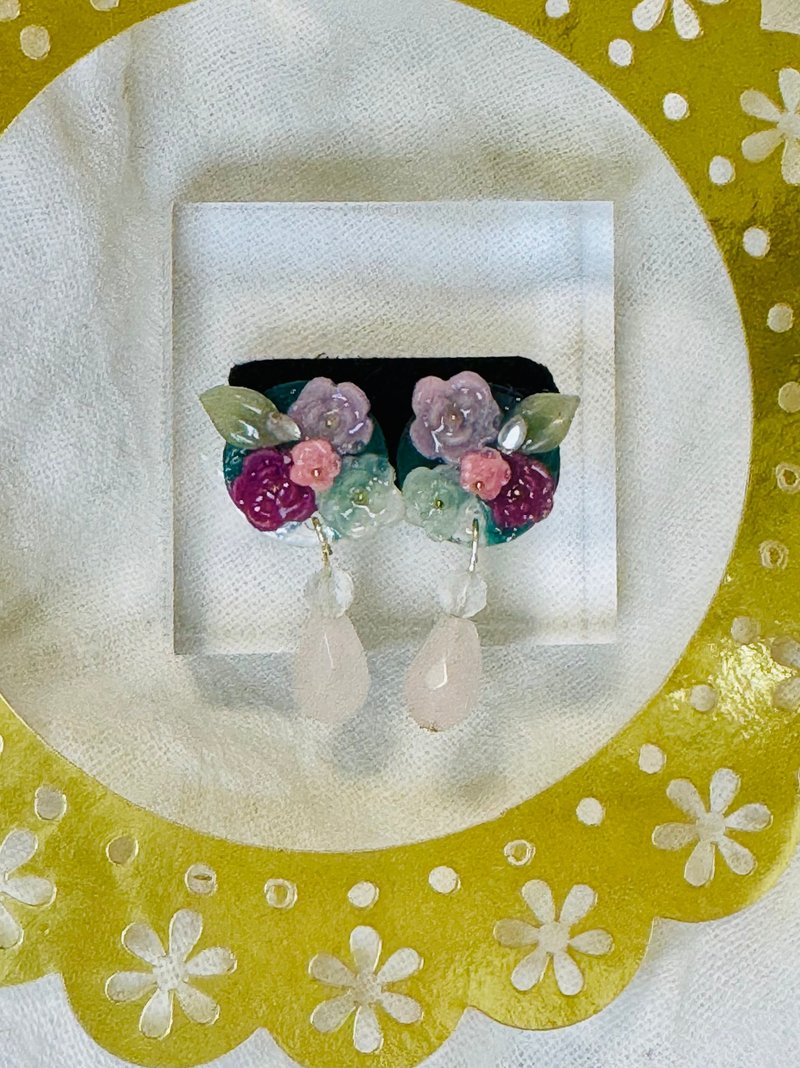 花卉系列 - 春日之花卉与粉晶耳环 - 耳环/耳夹 - 树脂 多色