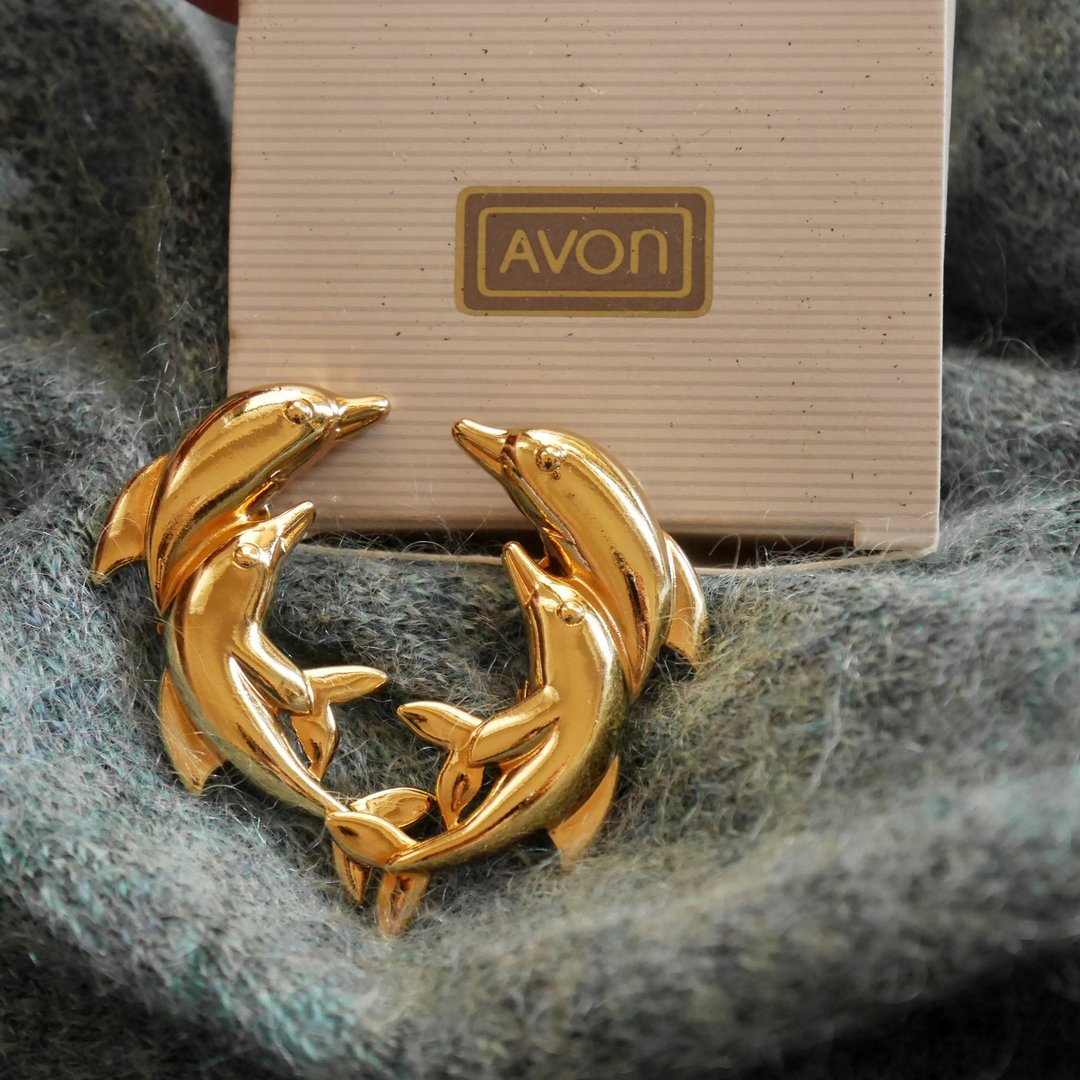老又好古董珠宝 金色海洋海豚动物夹式耳环 Avon 1992 C1145 - 耳环/耳夹 - 其他金属 金色