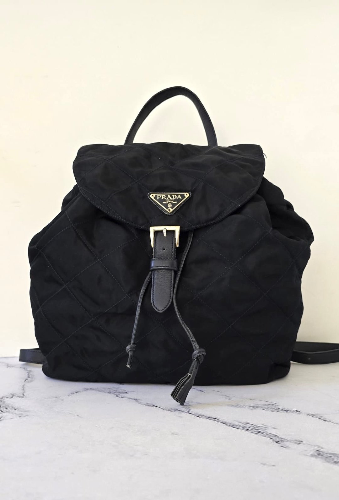 绝版古董包 Prada 黑蓝外缝格纹流苏双肩包 后背包 中古包 二手包 - 后背包/双肩包 - 防水材质 黑色