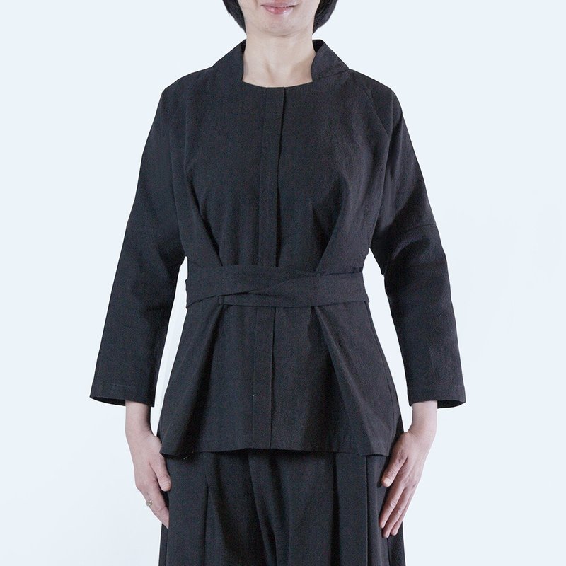 绑带门襟衫 - 压纹棉麻  女上衣 绑带 长袖  / 黑色 - 女装衬衫 - 棉 黑色