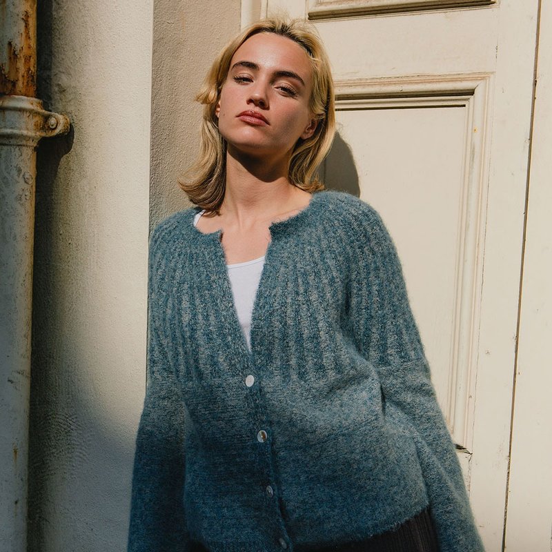 北欧风羊驼毛衣外套 - 雾蓝 - 女装针织衫/毛衣 - 羊毛 蓝色