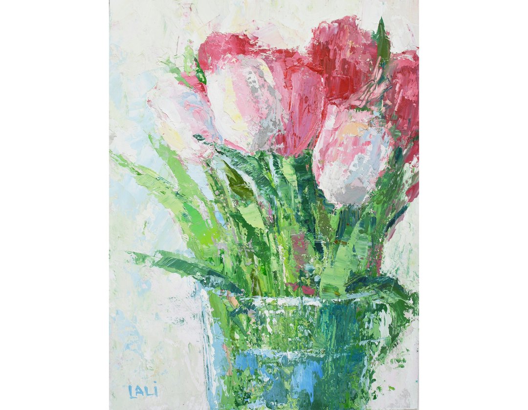 郁金香原创油画 20x15cm 厚涂春季花卉艺术粉色花朵 - 插画/绘画/写字 - 其他材质 粉红色