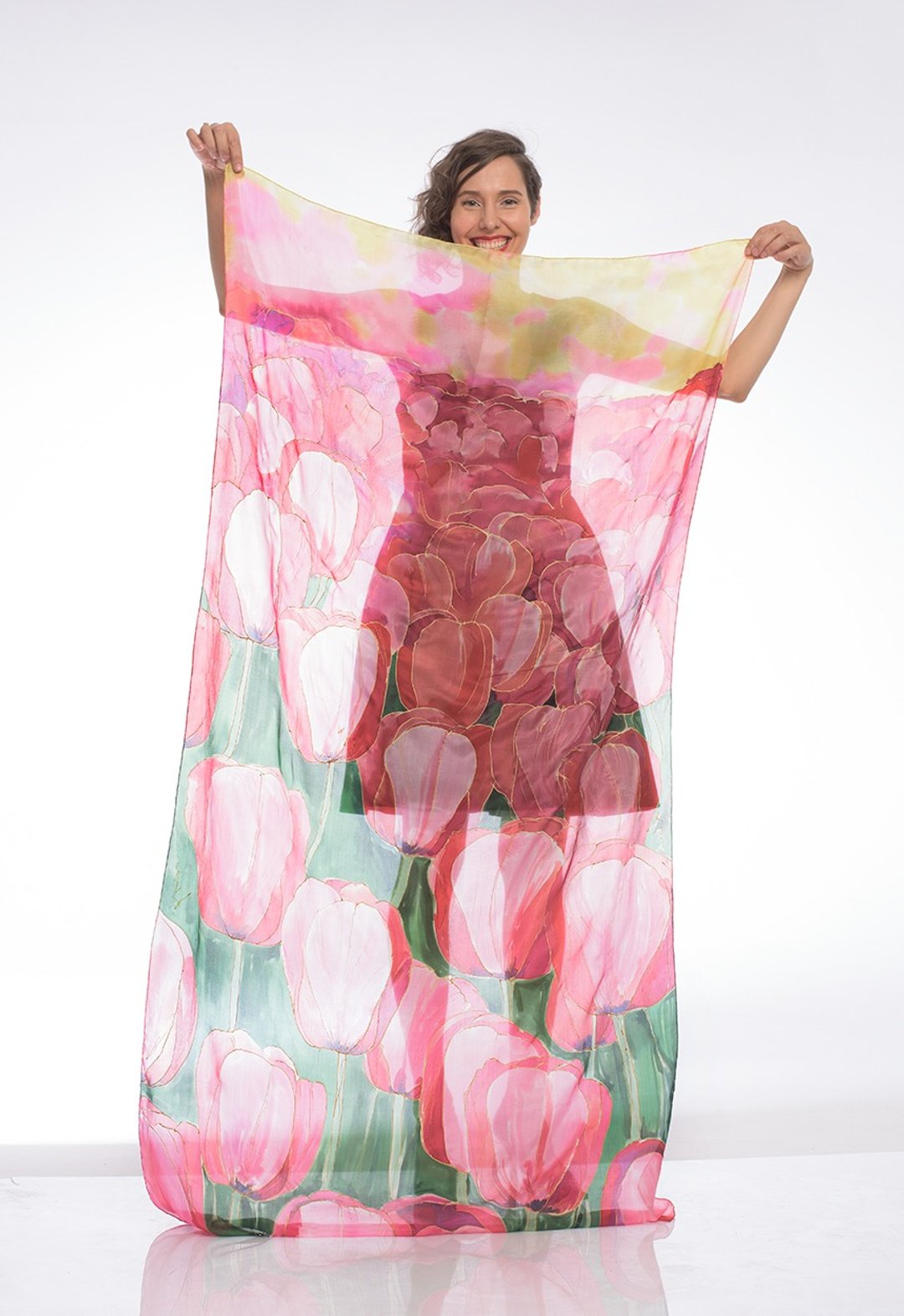 Red Hand painted silk shawl- The Tulip's Garden - 丝巾 - 丝．绢 红色