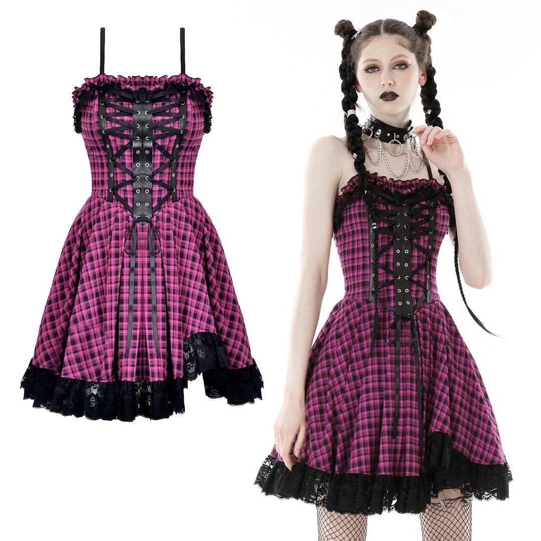 胸绑带苏格兰格纹细肩带洋装蕾丝花边连身裙y2k庞克摇滚DW848 - 洋装/连衣裙 - 聚酯纤维 