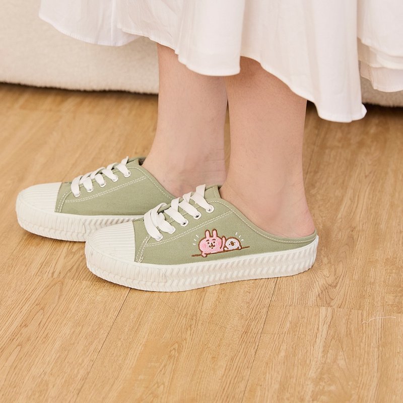 Paidalx卡娜赫拉的小动物粉红兔兔招手休闲鞋饼干鞋穆勒鞋-浅抹茶 - 女款休闲鞋 - 棉．麻 绿色