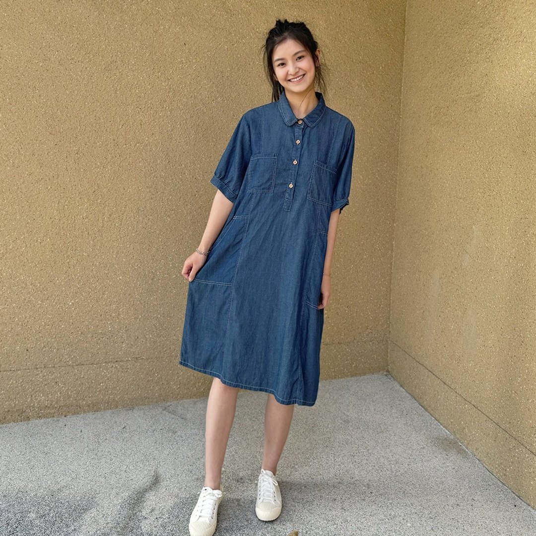 Hana Mokuba 立领衬衫式缝线口袋牛仔洋装 - 洋装/连衣裙 - 其他材质 