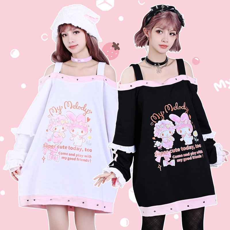 原创三丽鸥SANRIO授权美乐蒂彼安诺荷叶边一字领可拆袖T恤JJ5052 - 女装 T 恤 - 棉．麻 