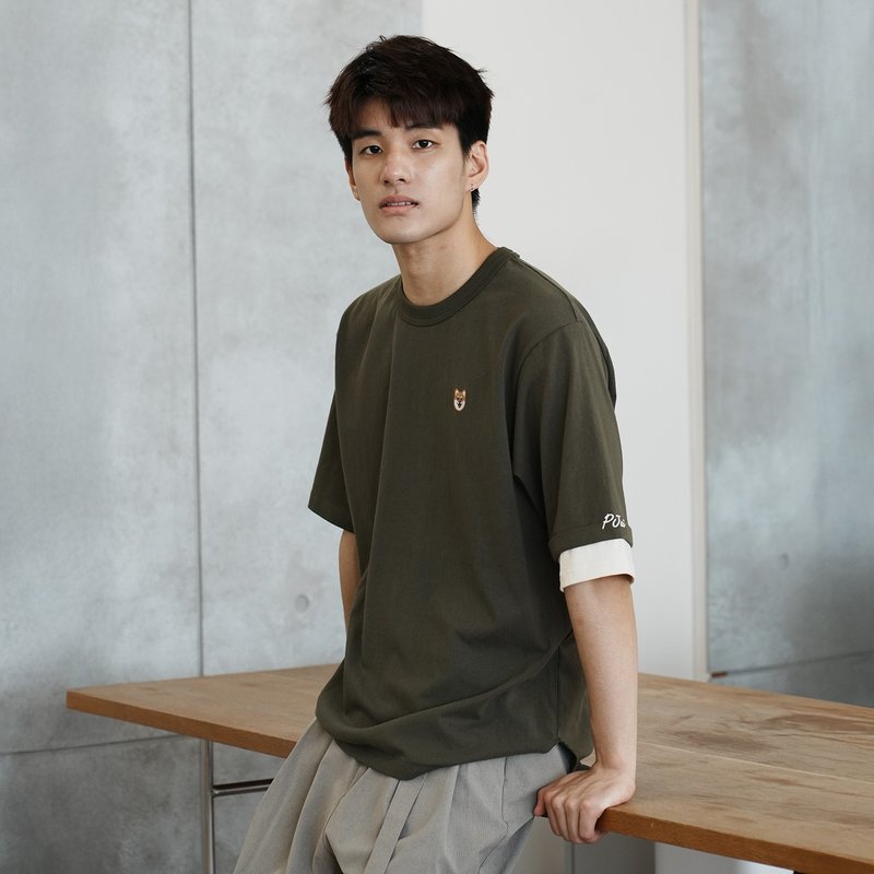 【PJai】P仔层次手袖绣花Tee - 军绿色//啡色 (TP1612) - 男装上衣/T 恤 - 棉．麻 绿色