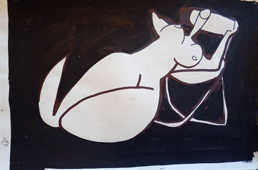 裸体躺椅 - 裸体女性黑白画作，当代艺术 - 海报/装饰画/版画 - 纸 白色