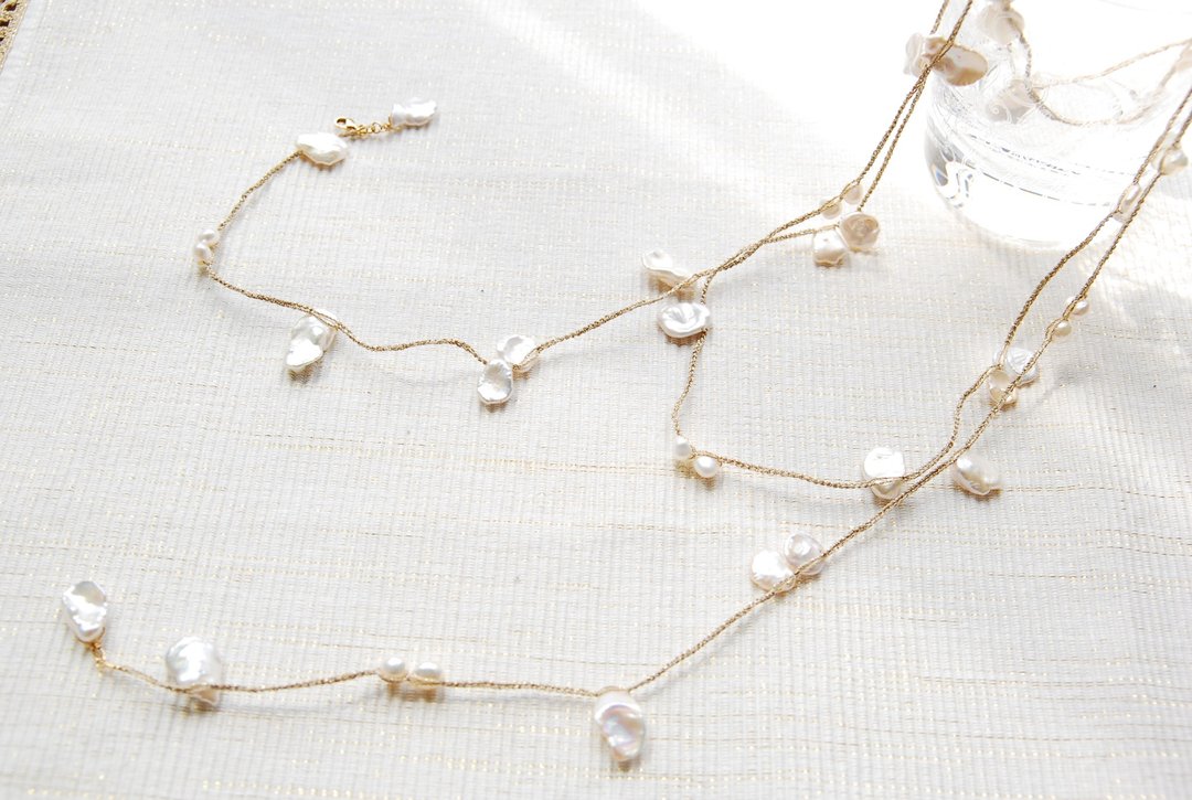 Keshipearl Lariette Gold x White (also a long necklace) - 长链 - 宝石 白色