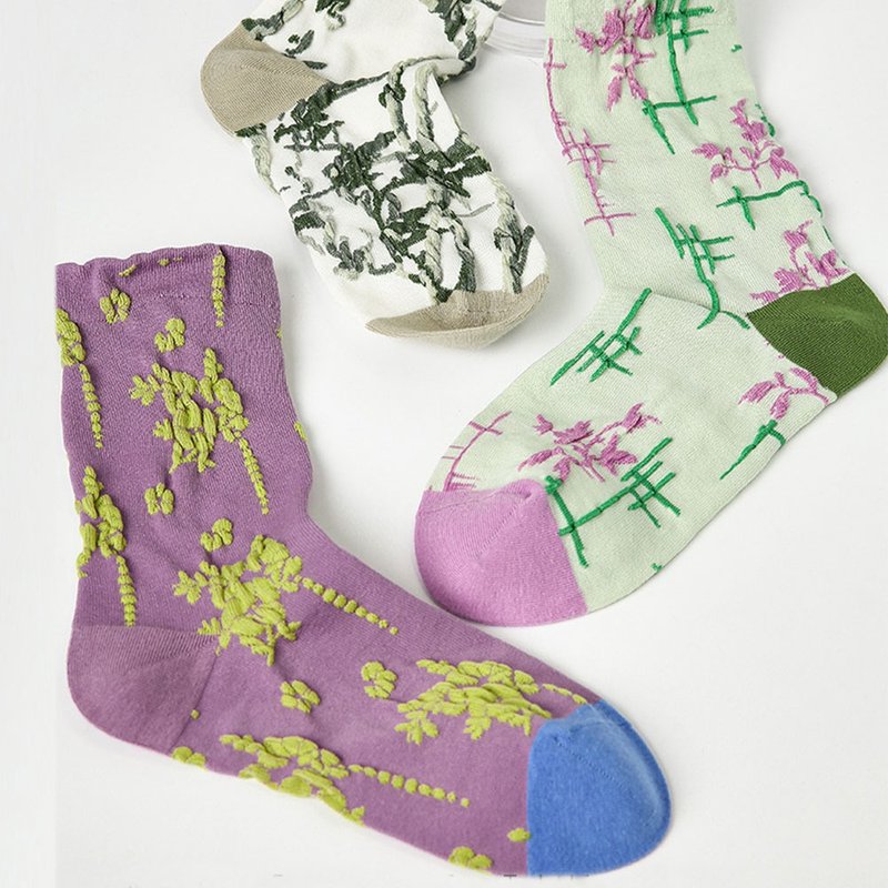 甜美小清新撞色中筒袜浮雕女袜春秋薄款5双礼盒袜 - 袜子 - 棉．麻 