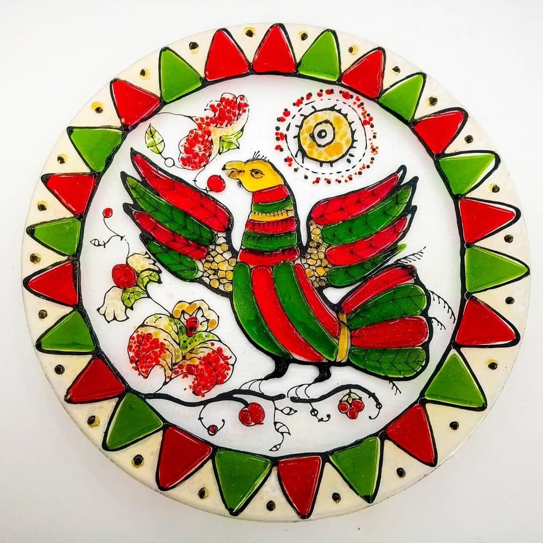 Decorative bird plates - Fused glass wall plates with Permogorsk painting - 盘子/餐盘/盘架 - 玻璃 透明