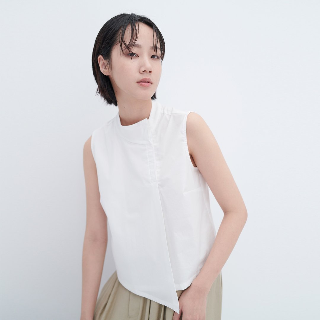 高领剪接衫 造型上衣 无袖衬衫 (瑕疵品出清) - 女装上衣 - 棉 白色
