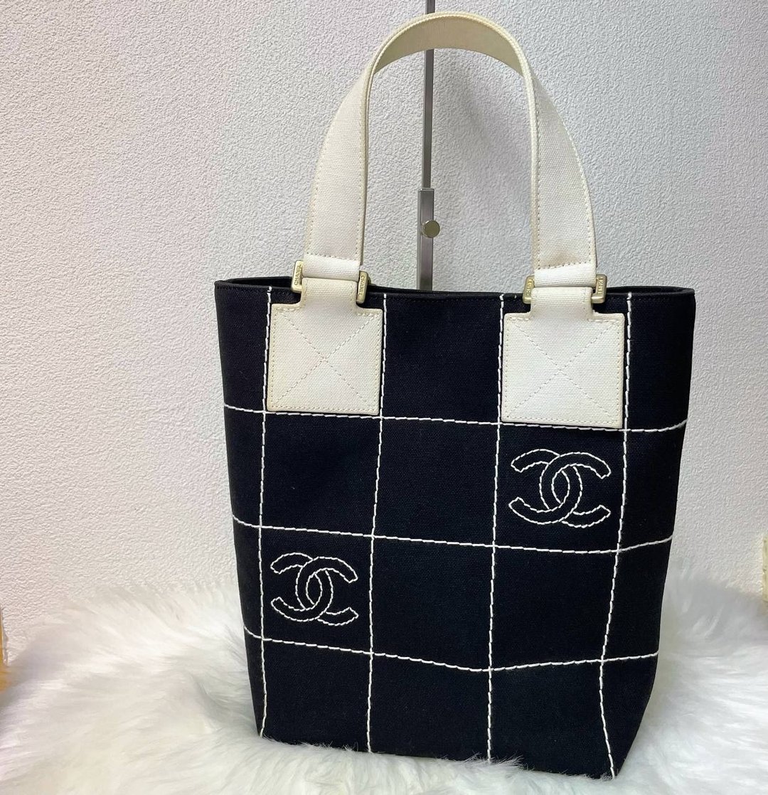 【 In-Stock 】Chanel Coco mark Vintage 黑色x白色巧克力格帆布 - 手提包/手提袋 - 其他材质 黑色