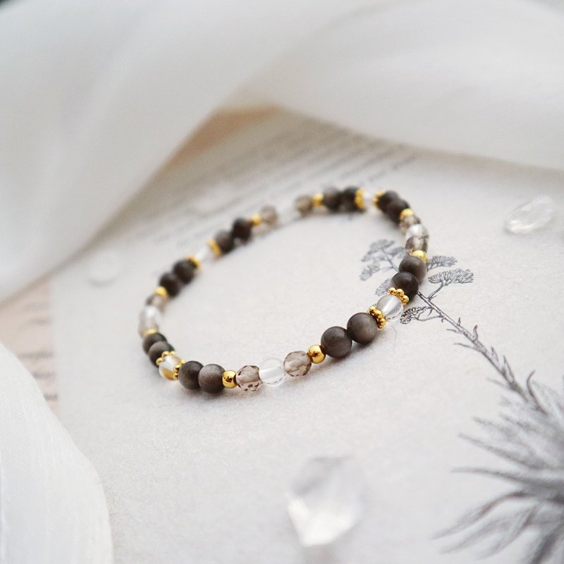 银黑曜石-茶晶-白水晶│黄铜 弹性线 手链 - 手链/手环 - 水晶 灰色