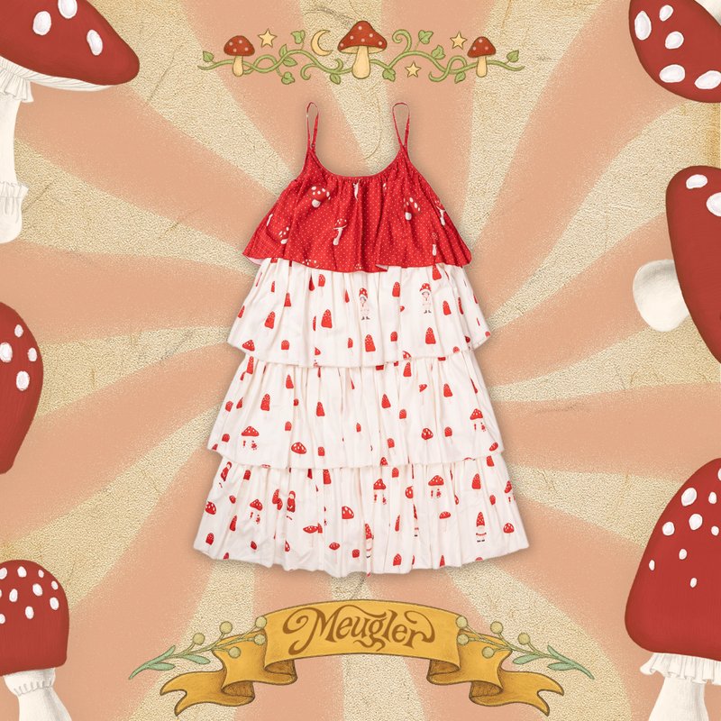 Meugler牛稠岛童话剧场 红蘑菇小人印花多层吊带裙蛋糕背心裙 - 洋装/连衣裙 - 聚酯纤维 多色