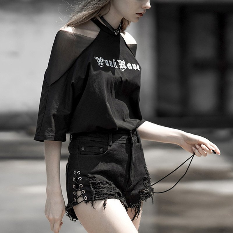 庞克幽灵开衩穿绳牛仔热裤 - 女装短裤 - 其他材质 黑色