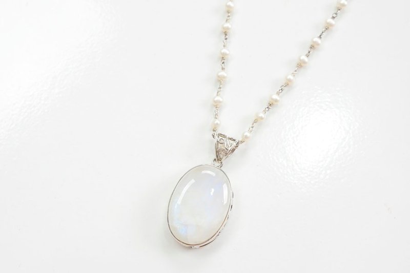 Rainbow moonstone and freshwater pearl long necklace - 长链 - 石头 蓝色