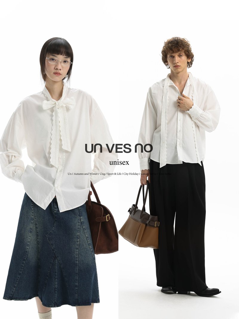 【蕾丝钩织系带】Unvesno(UN)中古老钱风50%天丝知识分子长袖衬衫 - 男装衬衫 - 其他材质 