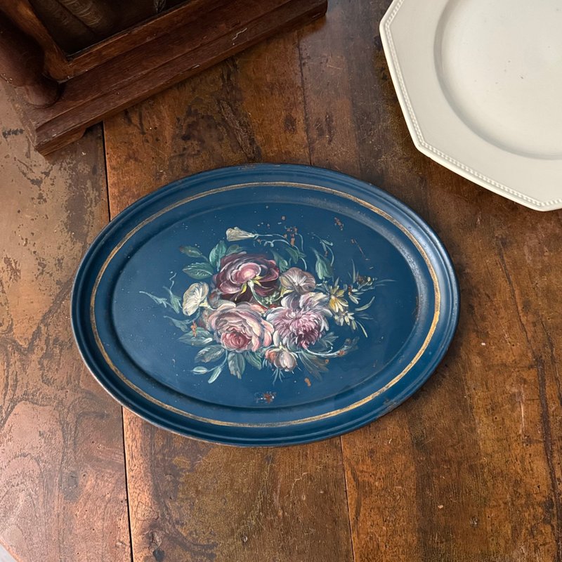 50666- 绝美法国拿破仑三世时期手工彩绘漆面金属托盘Tole tray - 托盘/砧板 - 其他金属 