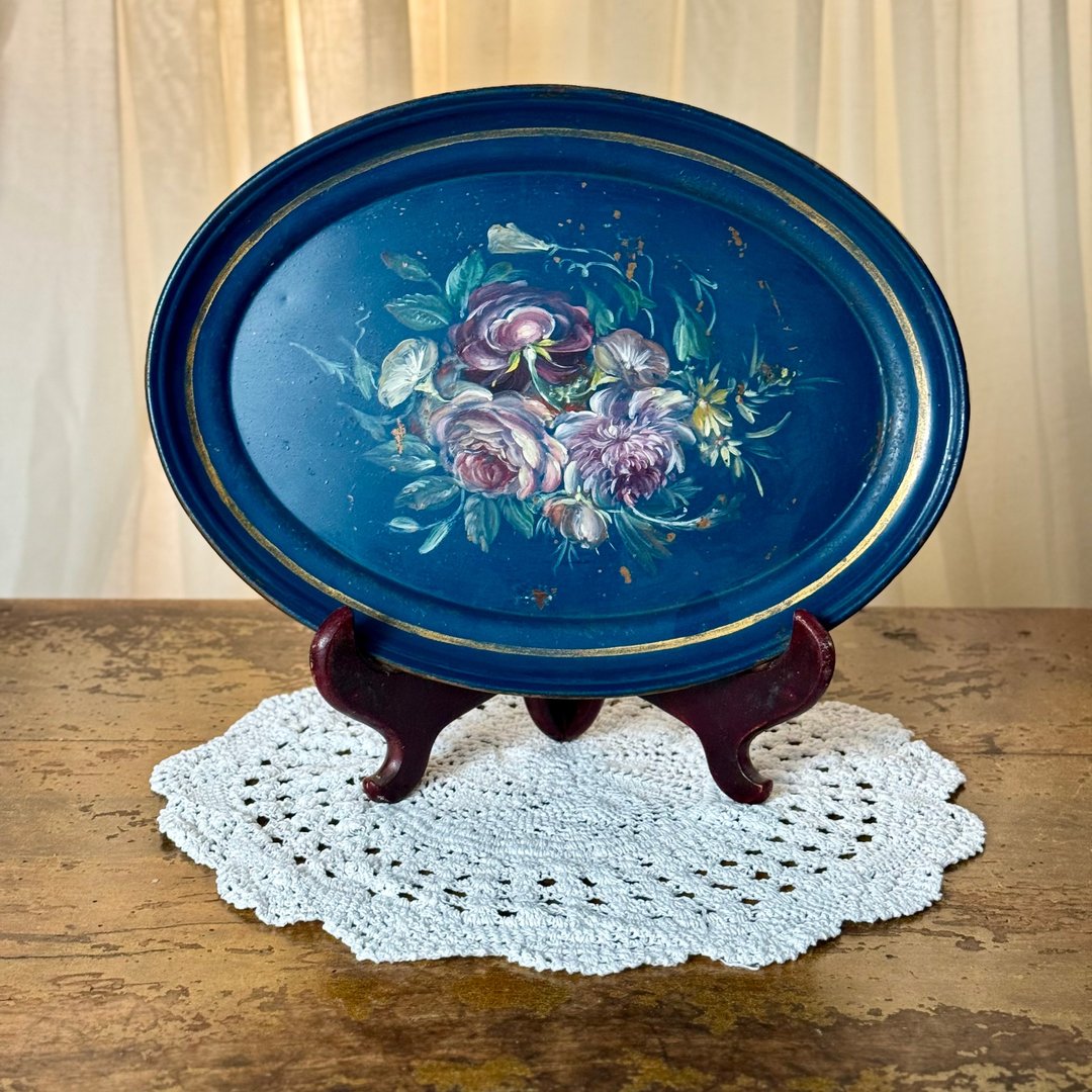 50666- 绝美法国拿破仑三世时期手工彩绘漆面金属托盘Tole tray - 托盘/砧板 - 其他金属 