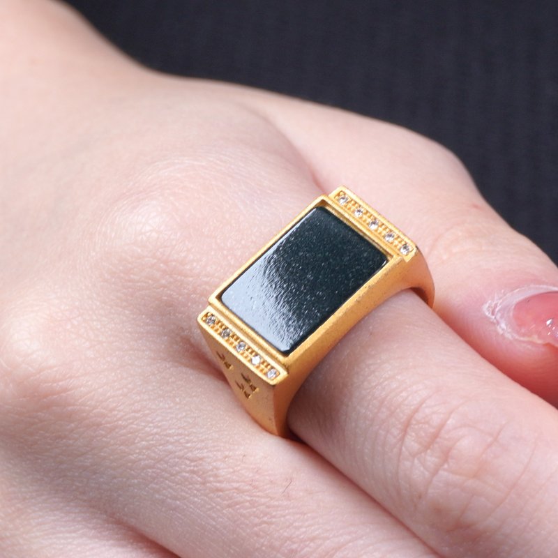 墨翠翡翠马鞍戒指 925纯银镶嵌  | 天然缅甸玉A货翡翠 | 送礼 - 戒指 - 玉石 绿色