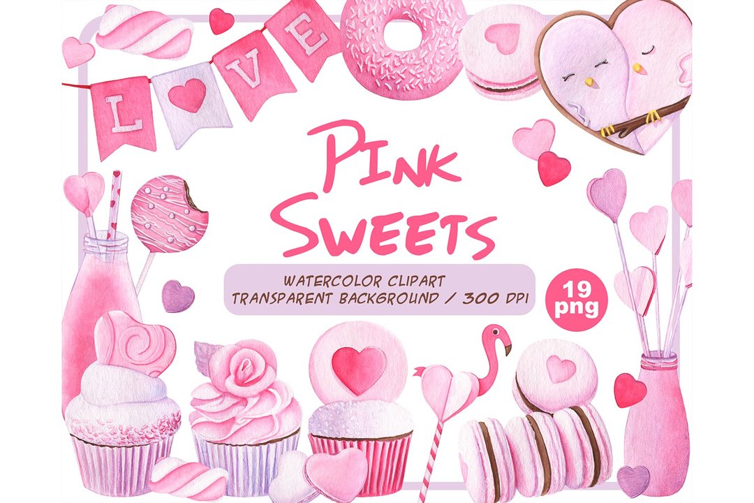 Watercolor Valentine's day sweets Clipart - Pink Hearts png - 插画/绘画/写字 - 其他材质 粉红色