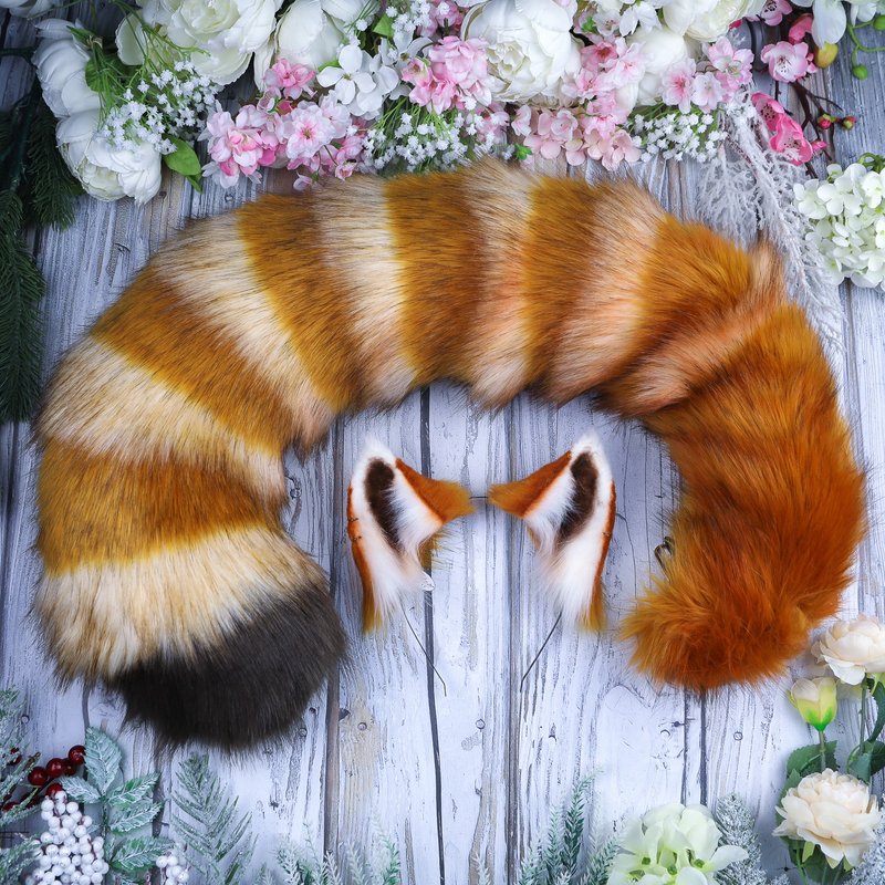 Red Panda Ears and Tail Set Faux Fur Cat Ears Headband - 发饰 - 其他人造纤维 橘色