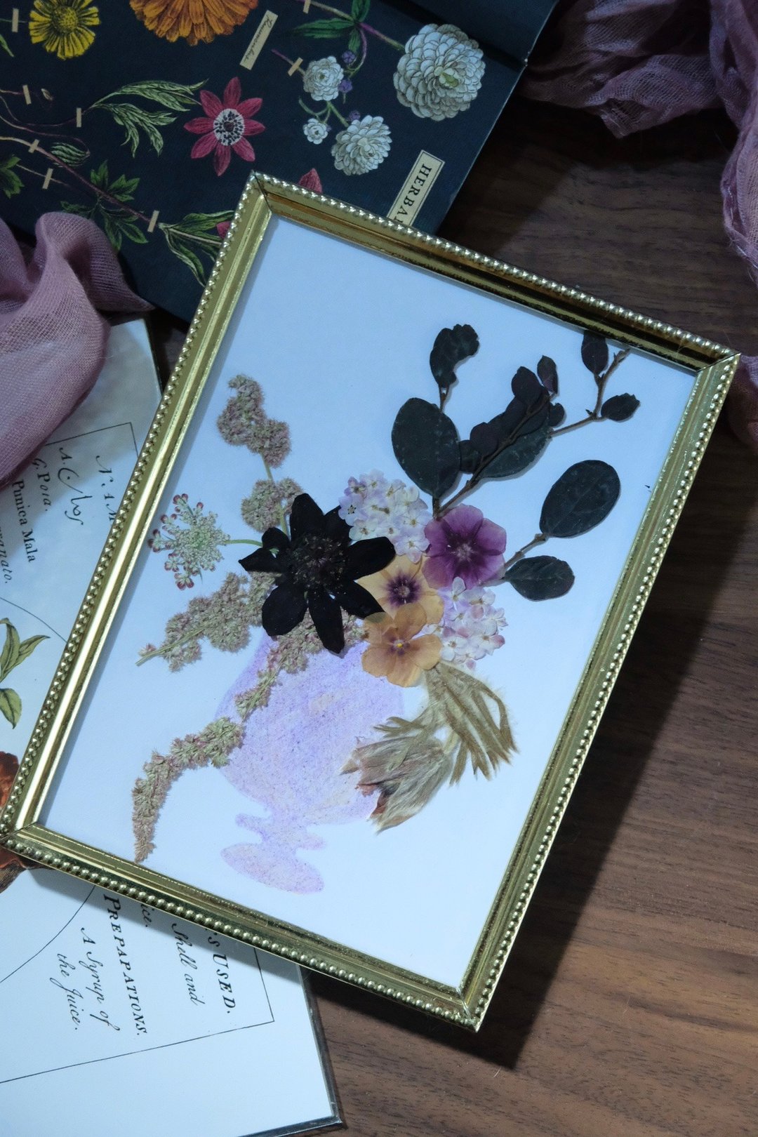 【押花相框】现货 压花 植物图鉴 花框 古典盆花 花瓶 古董相框 - 画框/相框 - 植物．花 多色
