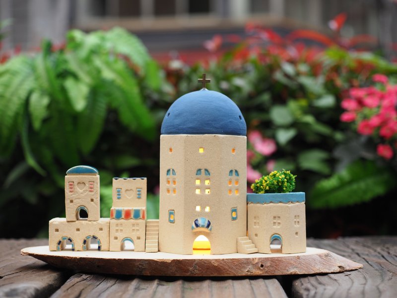 手绘地中海花园灯屋/8件组(含灯+配件+木头底座) - 摆饰 - 陶 多色