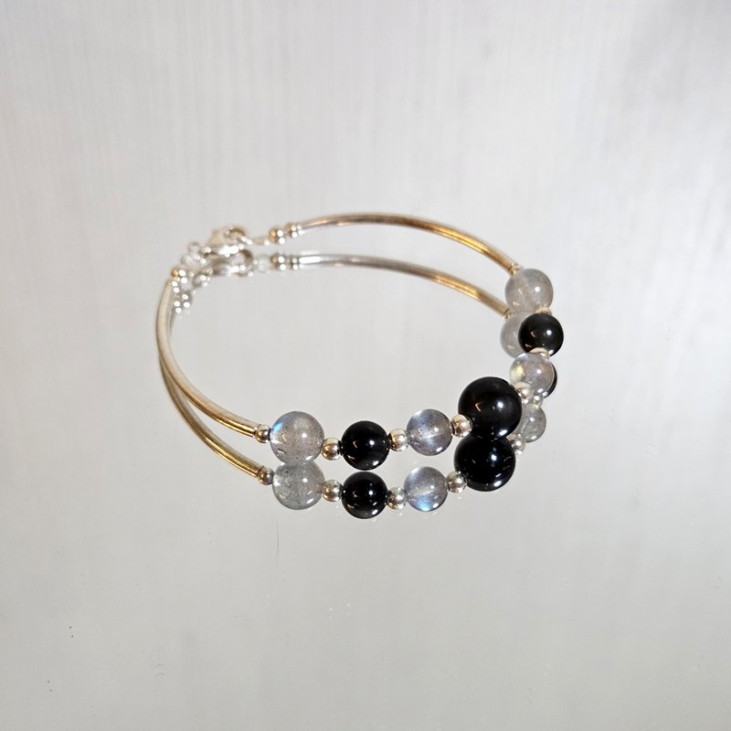 黑夜系列 s925纯银 黑曜石 拉长石 手链 | 手作定制 手链 - 手链/手环 - 纯银 黑色