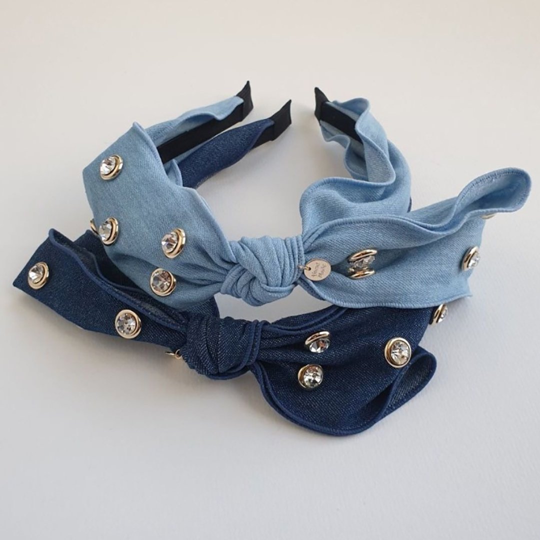 Denim pearl rhinestone point ribbon  Headband,No SLIP / NO headache / No hard - 发带/发箍 - 其他材质 蓝色