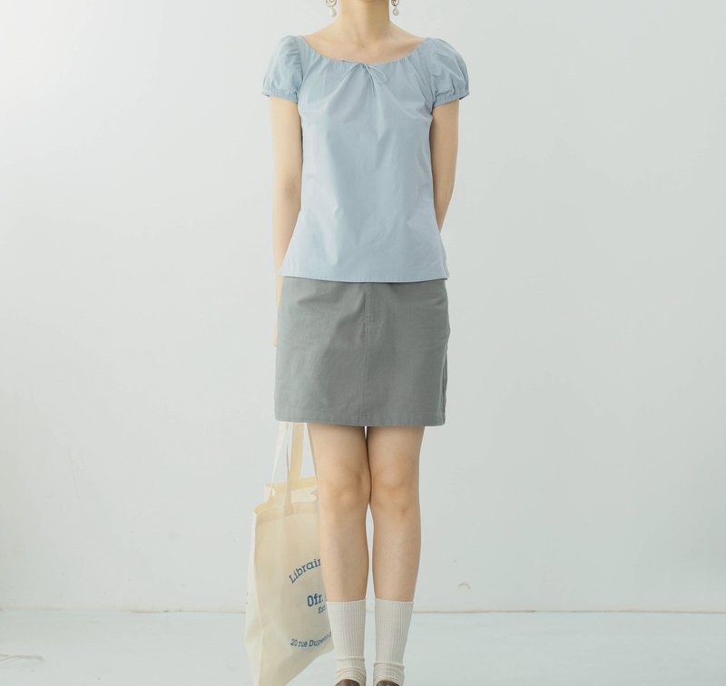 【甜妹千金】法式复古/婴儿蓝棉麻/船型小衫 - 女装上衣 - 棉．麻 蓝色