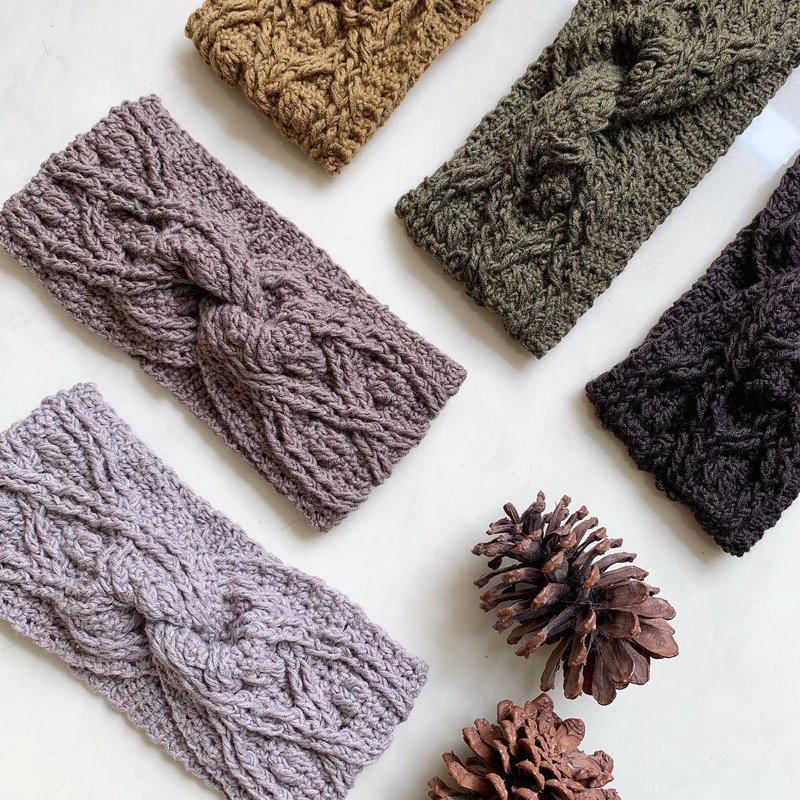 特宽手工鈎织麻花髪带  |  9.5cm濶  |  美丽诺混棉 - 发带/发箍 - 棉．麻 卡其色