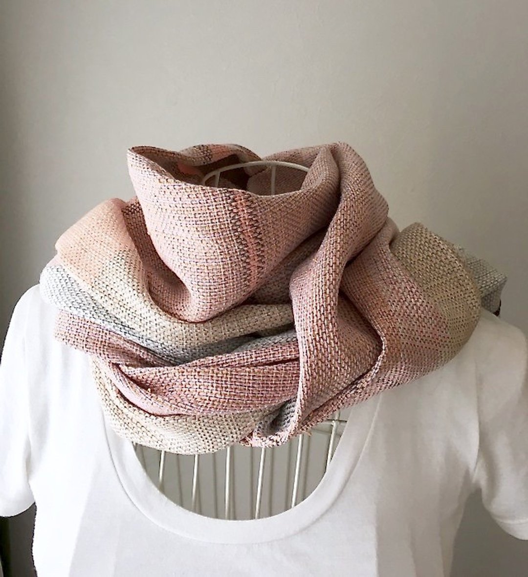 [Linen& cotton: all season] Hand-woven stole "Pink & White" - 丝巾 - 棉 粉红色