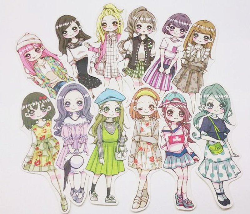 春服女孩12入。贴纸包 (B款) - 贴纸 - 纸 多色