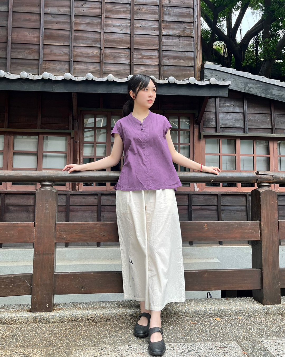 无为—包扣极短袖上衣 - 女装上衣 - 棉 多色