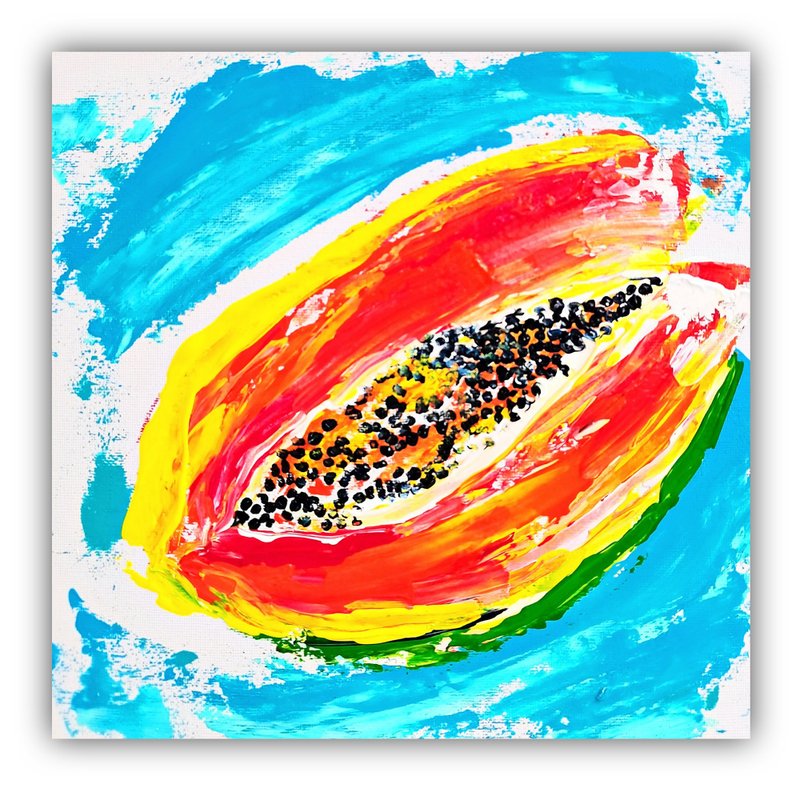 Papay Painting Fruit Original Art Food Artwork Still Life Small Wall Art - 海报/装饰画/版画 - 压克力 蓝色