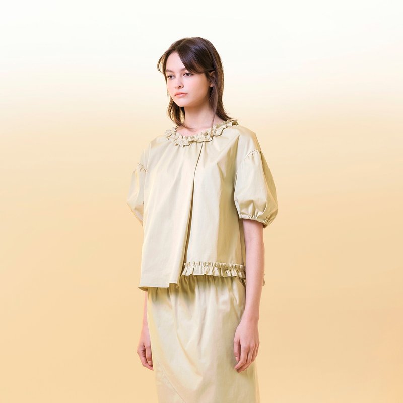 荷叶领泡泡袖上衣 - 女装上衣 - 棉．麻 卡其色