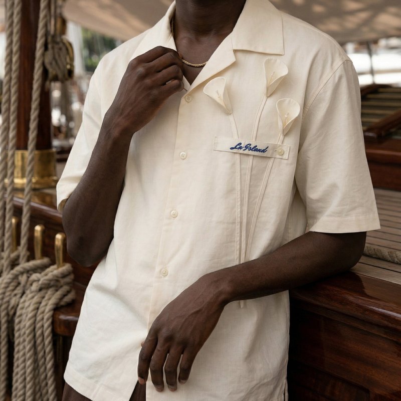 LA ISLAND  职人手作 马蹄莲立体刺绣 纯棉古巴领衬衫 - 男装衬衫 - 棉．麻 白色