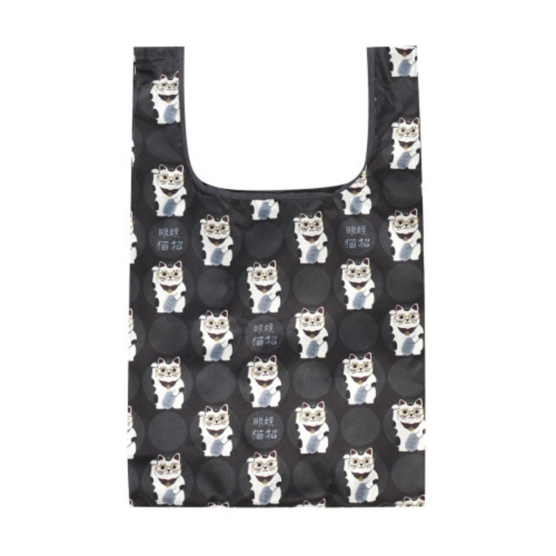 Kusuguru Japan 时尚印花环保袋 可折叠 附登山扣-眼镜招财猫款黑 - 手提包/手提袋 - 其他人造纤维 黑色