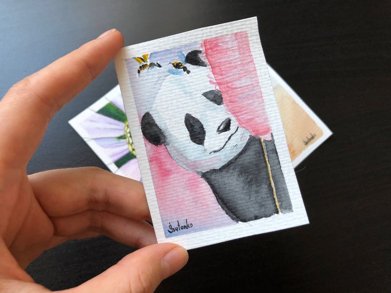 Sweet Panda Painting Animal Original Art ACEO Watercolor Artwork Bear Wall Art - 海报/装饰画/版画 - 纸 粉红色