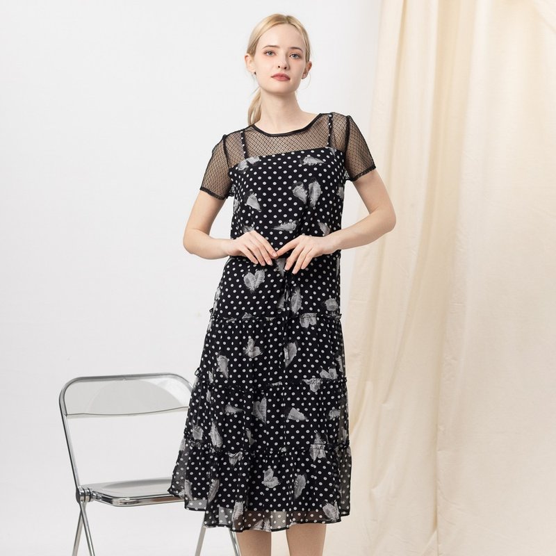 【MEDUSA】点点假两件式雪纺细肩带长洋装(M-XL) | 雪纺洋装 - 洋装/连衣裙 - 聚酯纤维 黑色