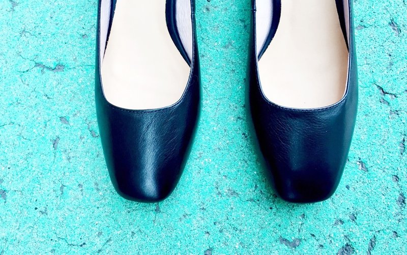 画儿#8039||小牛皮 经典方头中跟鞋 曜石黑  || - 女款休闲鞋 - 真皮 黑色