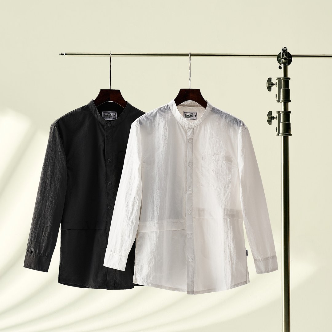 小圆领衬衫 WR Round Collar Shirt/工装款式/防泼水材质/ - 男装衬衫 - 棉 灰色