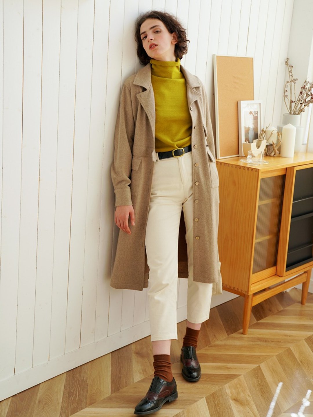 ECRU SOLI 素白已然 秋冬简约西服领 盐咖色两穿毛呢连衣裙外套 - 女装西装外套/风衣 - 羊毛 咖啡色