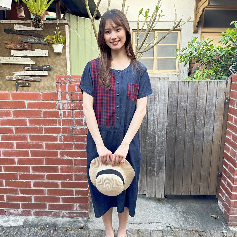 Hana Mokuba 日系格纹拼接牛仔洋装 - 洋装/连衣裙 - 其他材质 