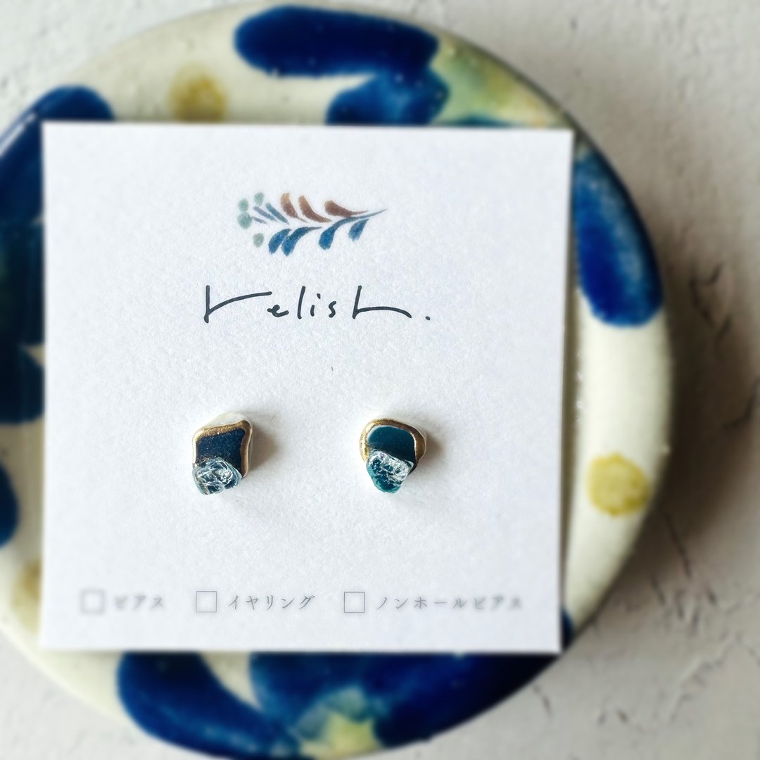 【再贩】蓝色 × 浅蓝色 海洋陶器 裂纹水晶 金继工艺 耳环 耳夹式耳环 无耳洞耳环 蓝 水蓝 金色 绿色 简约 小巧 - 耳环/耳夹 - 陶 蓝色