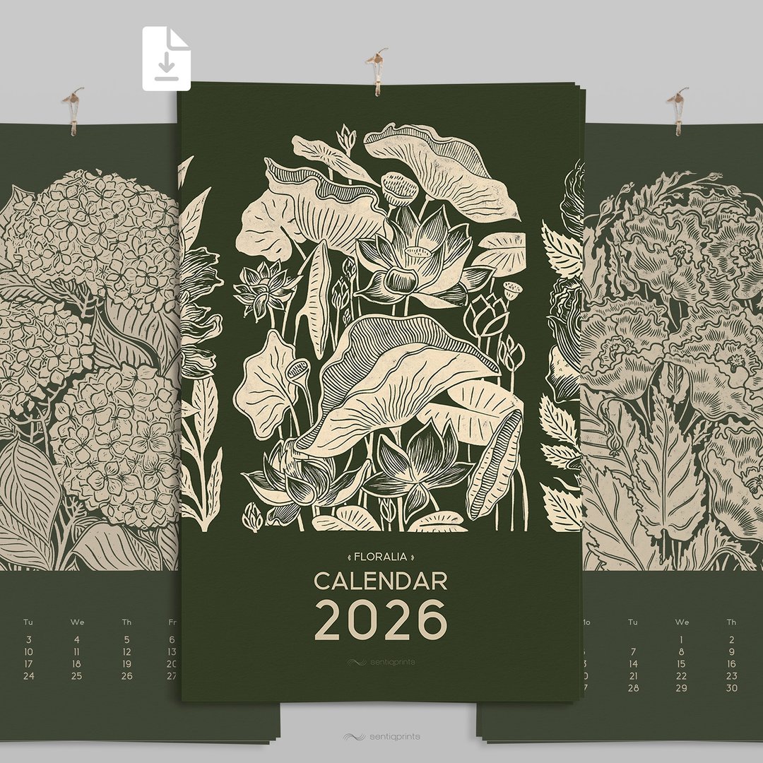 2026 可打印月历 深绿色 花卉 线条雕刻版画 11x17 装饰 - 其他数码设计 - 其他材质 