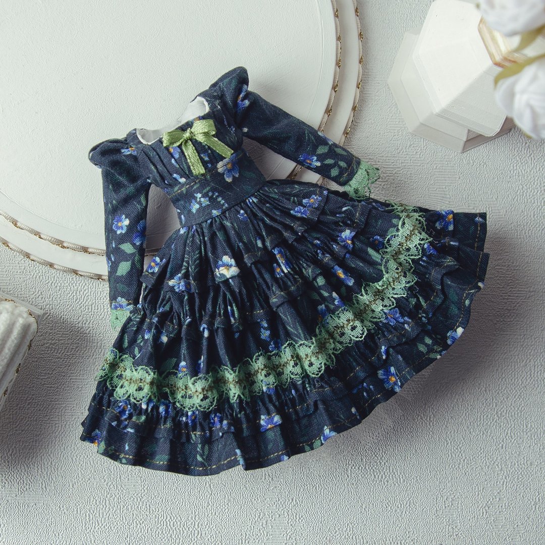 Blythe 连身裙组 手工蓝色花卉棉布娃娃 12 寸 BJD - 玩偶/公仔 - 棉．麻 蓝色